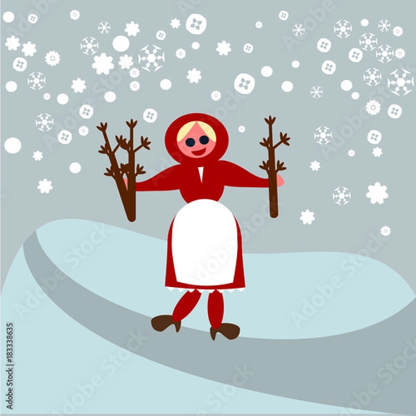 Fototapeta Święto Świętej Barbary - dziewczyny w gałęziach drzewa owocowego w śnieżnym krajobrazie