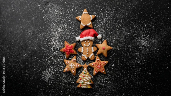 Fototapeta Festive gingerbread cookies arranged in a Christmas tree shape on a dark surface, decorated with icing and sprinkles, creating a joyful holiday atmosphere for seasonal celebrations