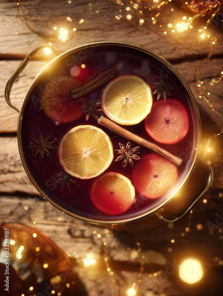 Fototapeta Warm beverage with citrus slices, cinnamon sticks, and star anise in a pot, surrounded by glowing lights on a rustic wooden table, evoking cozy winter vibes and festive gatherings