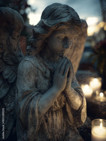 Fototapeta Praying angel statue with intricate details, surrounded by glowing candles, creating a serene atmosphere, symbolizing hope, faith, and remembrance in a tranquil setting