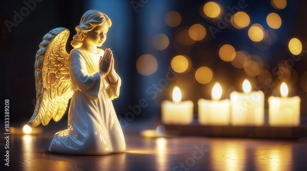Fototapeta Angel figurine with golden wings kneeling in prayer beside glowing candles, creating a serene atmosphere, perfect for spiritual reflection and peaceful moments