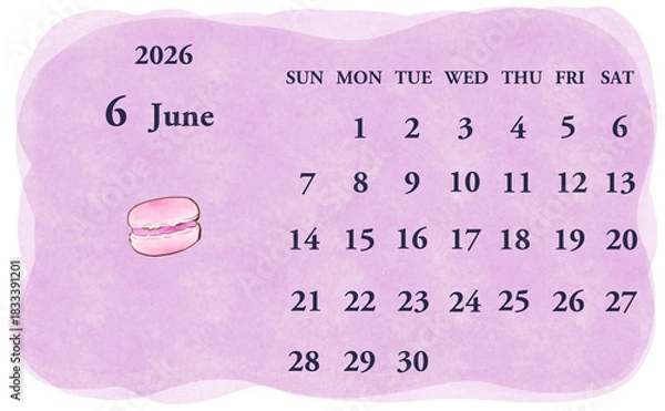 Obraz 2026年6月のカレンダー　日曜日始まり