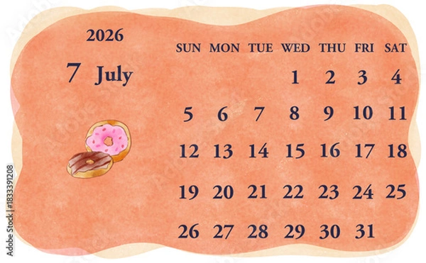 Obraz 2026年7月のカレンダー　日曜日始まり