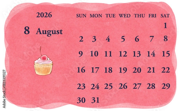 Obraz 2026年8月のカレンダー　日曜日始まり