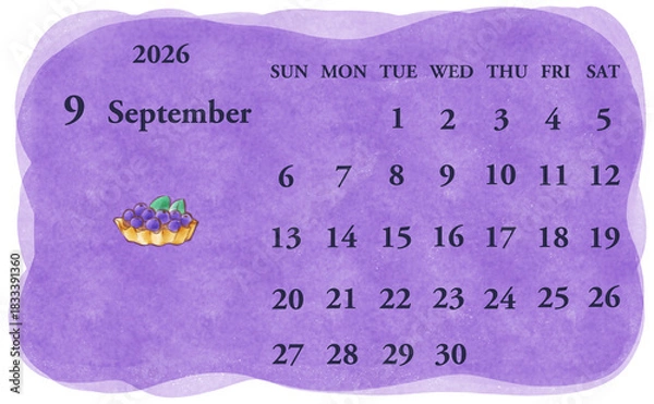 Obraz 2026年9月のカレンダー　日曜日始まり