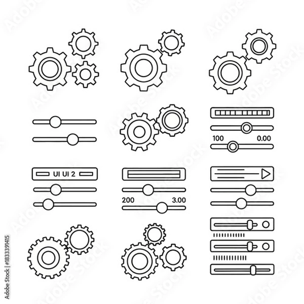 Obraz Collection of Outline Gear and Slider Icons for Settings and Adjustments.