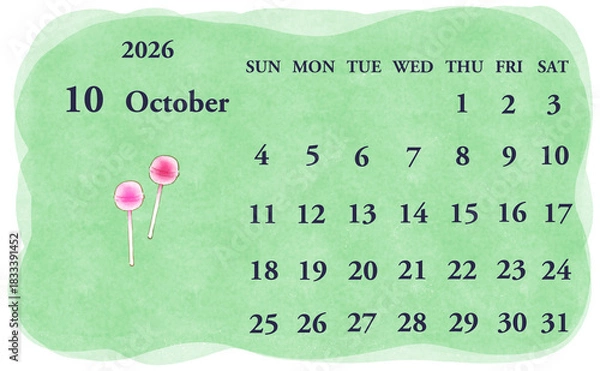 Obraz 2026年10月のカレンダー　日曜日始まり