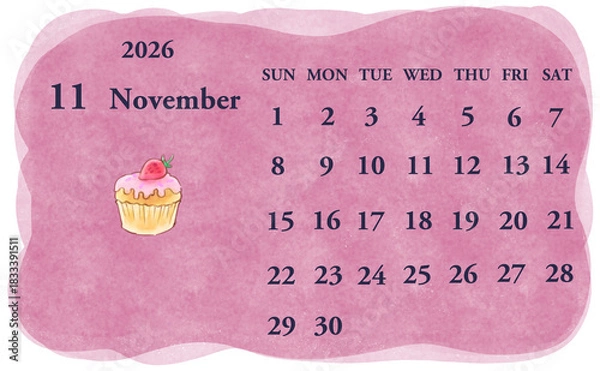 Obraz 2026年11月のカレンダー　日曜日始まり