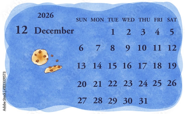 Obraz 2026年12月のカレンダー　日曜日始まり