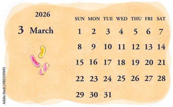 Obraz 2026年3月のカレンダー　日曜日始まり