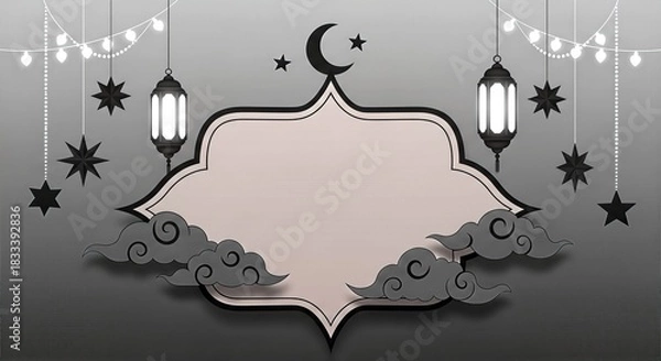 Fototapeta Elegant Ramadan Mubarak Greeting Card with Crescent Moon and Lanterns in Black and Gold Theme