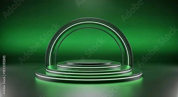 Fototapeta Modern Green Platform with Circular Stage and Arch, Futuristic Design for Technology and Event Backgrounds