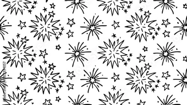Fototapeta Very beautiful seamless pattern of playful hand-drawn doodle fireworks, featuring simple bursts, spark lines, festive stars, and looping shapes arranged in a clean repeating layout, perfect for textil