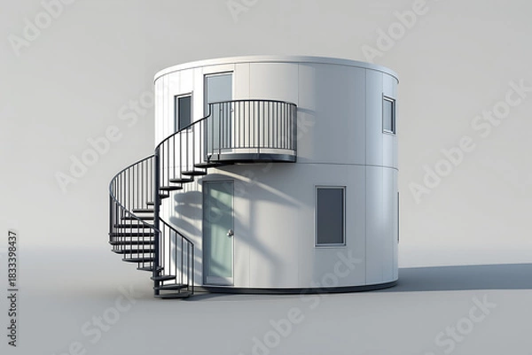 Fototapeta Modern cylindrical building with external spiral staircase and windows