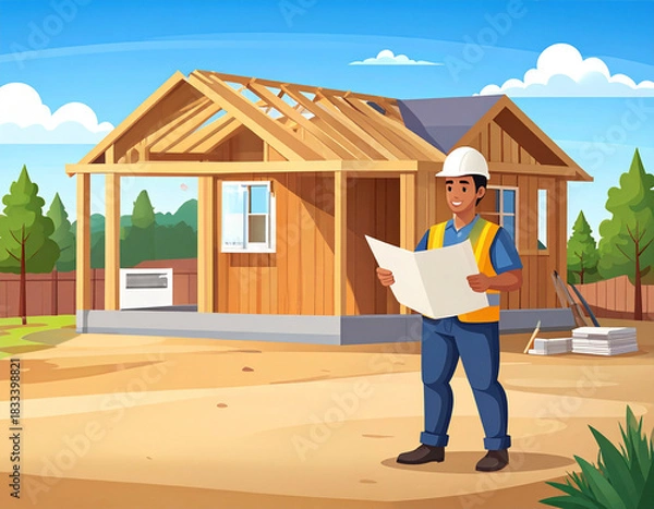 Fototapeta Constructor at a small residential construction site