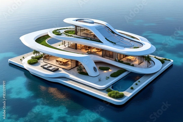 Fototapeta Futuristic modern floating house architecture in ocean water