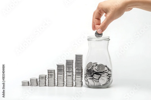 Fototapeta Hand placing coin into glass jar filled with money, with stacked coins forming growth chart on white
