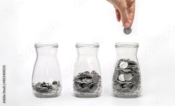 Fototapeta Three glass jars filled with coins at different levels, hand adding coin. Financial growth, savings.