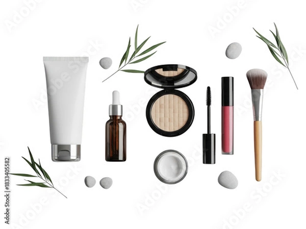Obraz Collection of cosmetic beauty product makeup item set including tube cream, serum bottle, powder compact, mascara, brush, and leaf isolated on transparent background