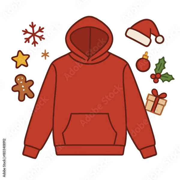 Obraz Close‑up of a red and white blank template sweatshirt with a copy space, featuring a Christmas holiday concept; a top‑view mockup of a hoodie adorned with holiday decorations on a white background