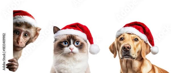 Obraz Set of Christmas and New Year animals - monkey, cat and dog wearing red Santa Claus hats, png isolated on transparent background.