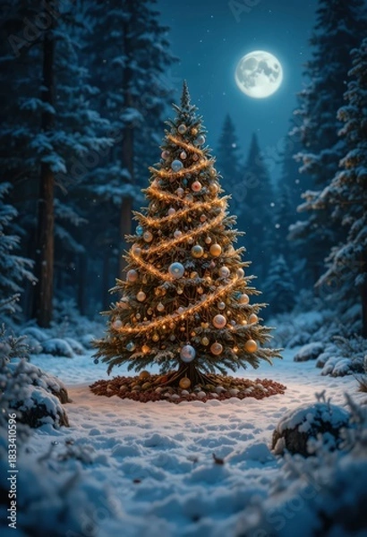 Fototapeta An enchanting outdoor Christmas tree, richly adorned with warm golden lights and festive blue and gold ornaments, stands brightly in a snow-covered winter forest beneath a striking full moon 