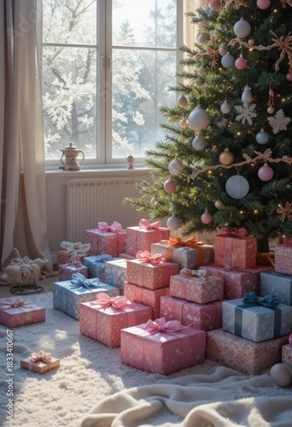 Fototapeta Cozy Christmas Tree and Stacked Gifts in Pastel Pink and Blue Hues Near a Frosty Window with Copy Space