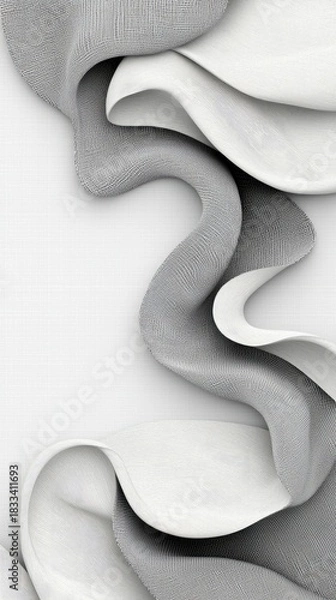 Fototapeta Abstract image of gray and white fabric in a swirling pattern against a white background.