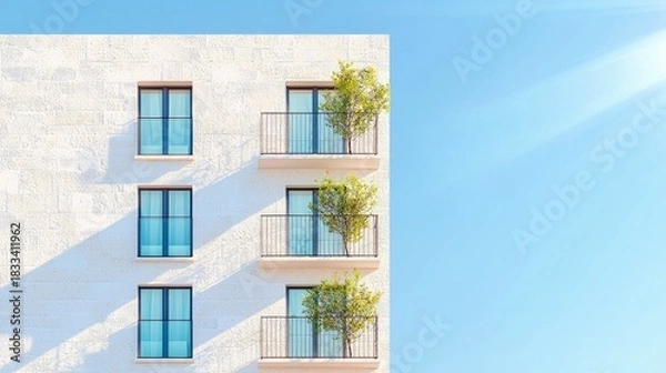 Fototapeta Exterior shot of a modern apartment building with balconies, trees, and blue sky. The image is taken on a sunny day.