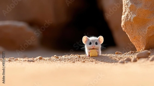 Fototapeta A cute mouse is holding a piece of cheese in a desert environment, with a sunny day and warm lighting.