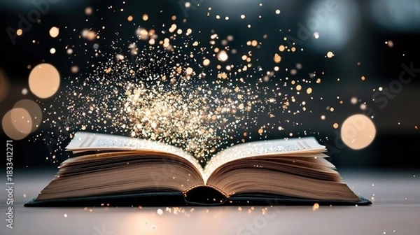 Fototapeta An open book with glowing particles emanating from it, set against a blurred dark background, creating a magical atmosphere.