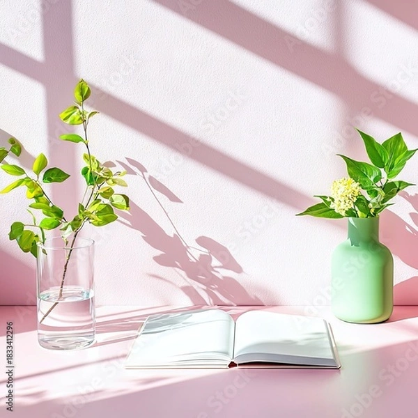 Fototapeta An open book, two vases with green plants, and shadows on a pink background. The scene is bright and airy.