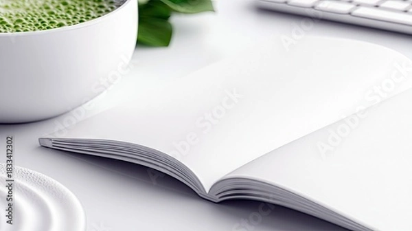 Fototapeta An open book lies on a white table, accompanied by a cup of matcha and a keyboard, creating a minimalist and clean aesthetic.
