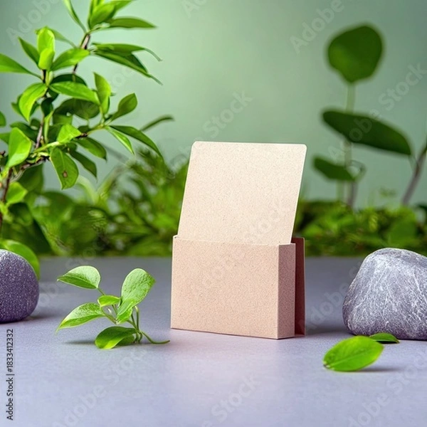 Fototapeta A cardboard box with an open blank card, surrounded by green leaves, rocks, and plants, creating a natural and minimalist composition.