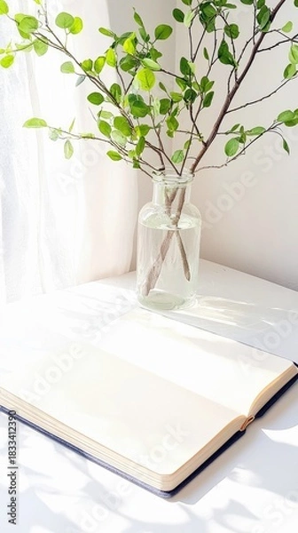 Fototapeta An open notebook sits on a white table next to a vase of greenery, bathed in bright sunlight.