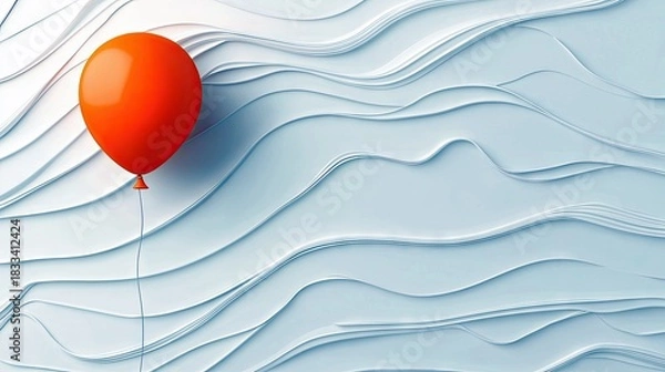 Fototapeta An orange balloon floats against a textured, wavy blue background, creating a visually striking and minimalist composition.