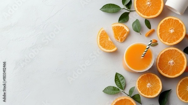 Fototapeta Overhead shot of fresh orange juice in a cup with a straw, surrounded by orange slices and green leaves on a white surface. Healthy and refreshing concept.