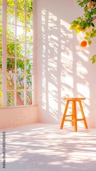 Fototapeta A wooden stool sits in a sunlit room with a large window and an orange tree branch. The scene is bathed in soft, natural light, creating a peaceful atmosphere.