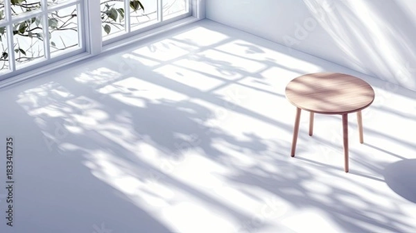 Fototapeta A wooden table stands in an empty, sunlit room next to a window. The sunlight casts shadows from leaves onto the floor and walls.