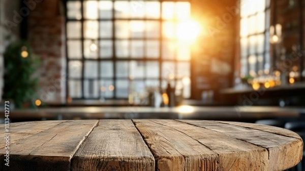 Fototapeta Close-up of a rustic wooden table with a blurred background of a cafe interior, illuminated by warm sunlight.