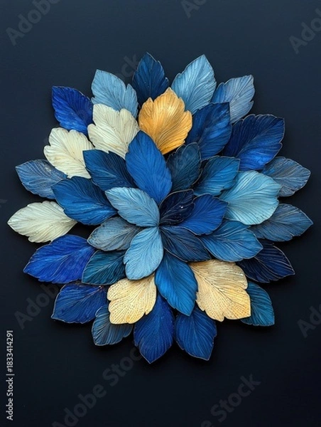 Fototapeta An artistic arrangement of blue, white, and gold leaves arranged in a circular pattern against a dark background.