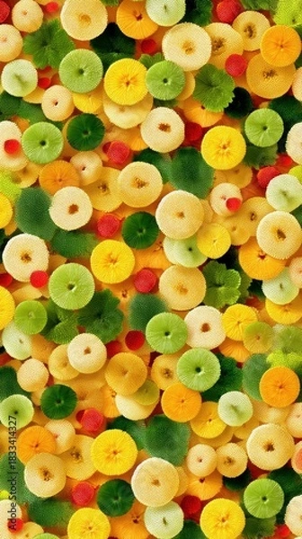 Fototapeta An abstract floral arrangement featuring a variety of colorful circles and leaf-like shapes, creating a vibrant and textured pattern.