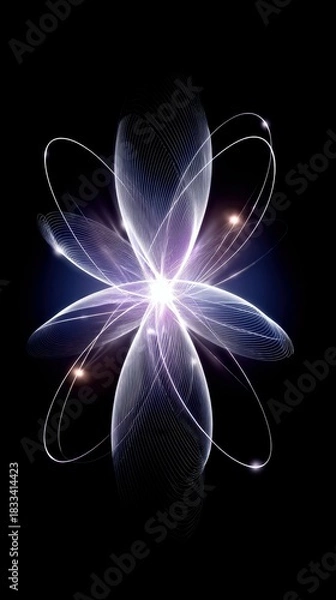 Fototapeta An abstract, digitally created floral design with glowing white and purple lines against a black background. The image has a futuristic and ethereal feel.