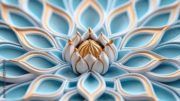 Fototapeta Close-up of an abstract floral design featuring gold, white, and blue elements. The design has a 3D effect.