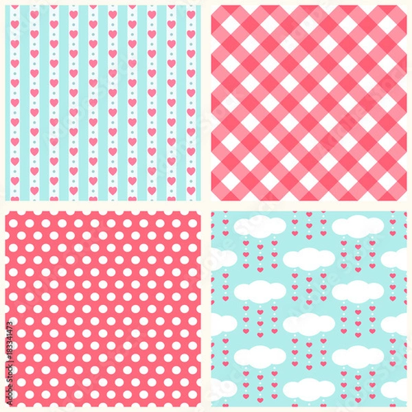 Fototapeta Set of cute retro primitive seamless patterns with hearts, polka dots and gingham