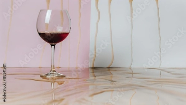 Fototapeta Tall stemmed wine glass filled with deep red liquid on white marble counter. Dripping wine trails down exterior in crimson streaks. Elegant glassware captures reflections on polished surface.
