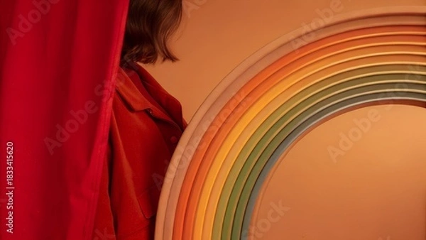 Fototapeta Red curtain with rainbow arc. Draped red fabric curtain framing circular rainbow color wheel on orange backdrop. Woman with dark hair in red jacket.