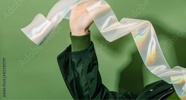 Fototapeta Hand in dark green sleeve raising a shimmering iridescent ribbon with pearly tones, soft reflections glowing against muted green backdrop.