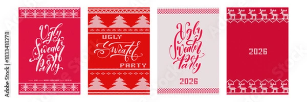 Obraz Vector set of Ugly Sweater Party holiday cards for invitation isolated on the white background. Concept of Happy New Year and Merry Christmas.