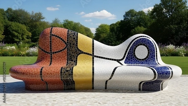 Fototapeta A colorful mosaic art sculpture bench with abstract patterns sits in a sunny public park.